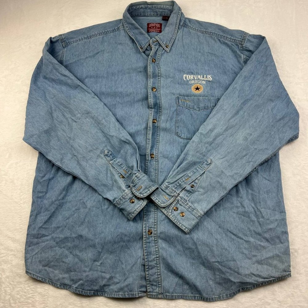 Corvalis Oregon Outback Rider 2XL Denim Button Up Polo Shirt Men Blue Cotton XXL